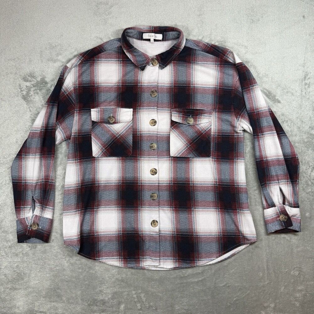 Eden And Olivia Flannel Women's Large Red White Plaid Long Sleeve Button